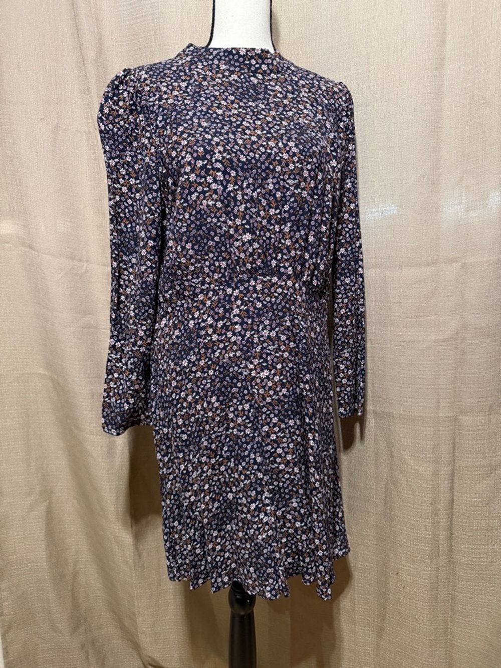 LOFT Navy Floral Long Sleeve Midi Dress
